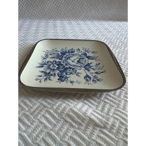 Vintage 5x5 Blue Floral Enamel Tray Stainless Steel Lamb Mark Mid Century Japan - Picture 7 of 7